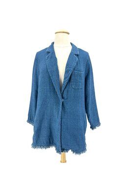 Soft Surroundings Womens 1X Jacket Blazer Chambray Blue Fringe Pockets Boho